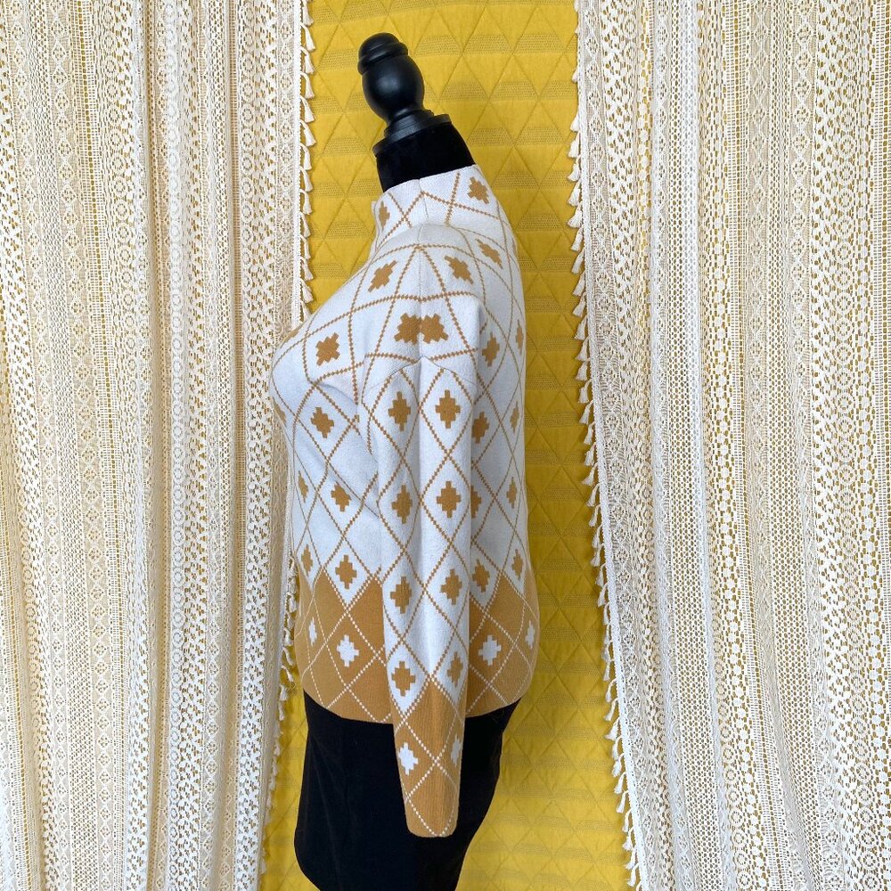 🦋 3 for $15 Rachel Zoe Funnel Mock Neck Mustard and Cream Argyle Sweater - Picture 5 of 9